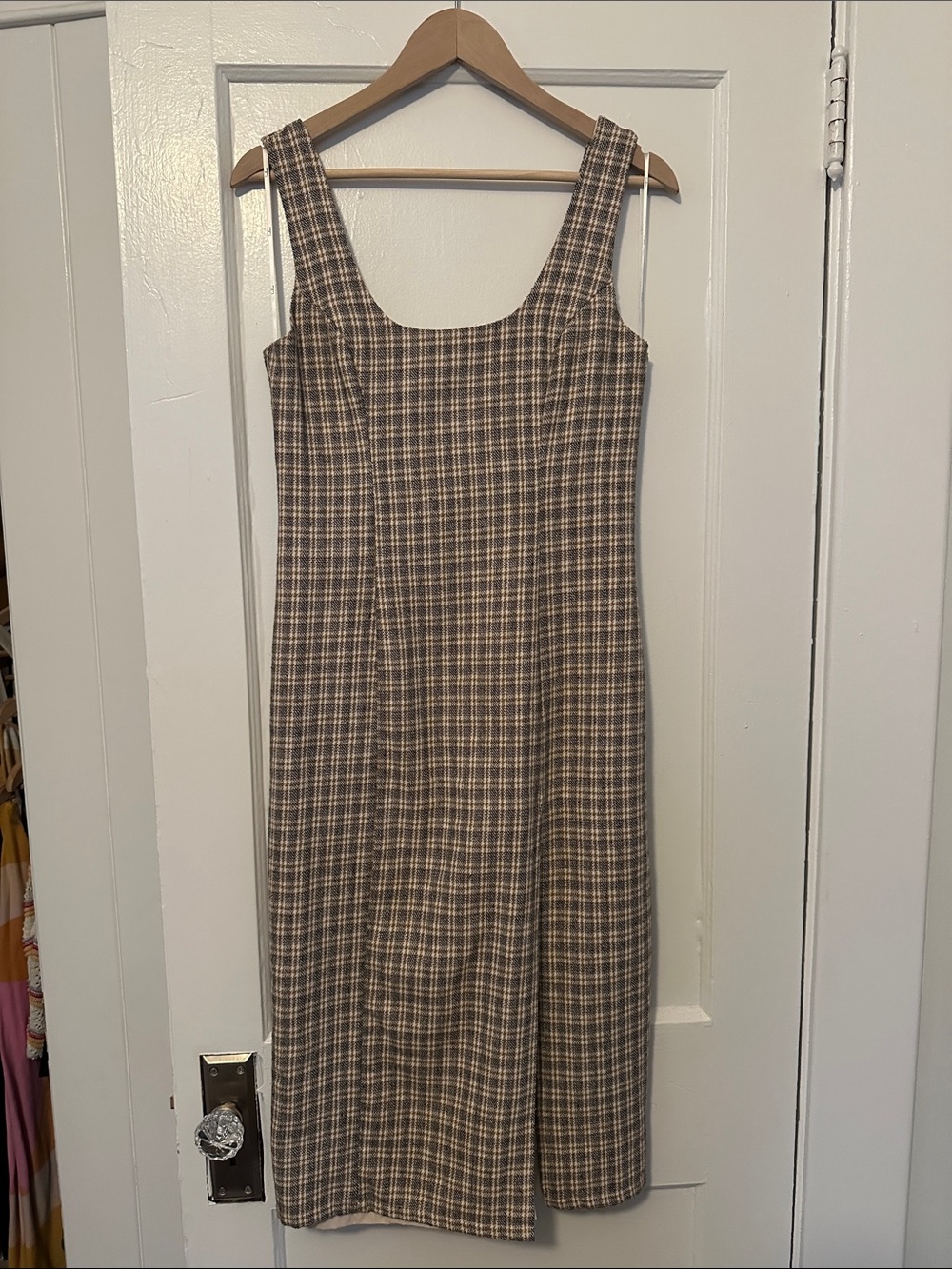 Lulu's Brown and Cream Plaid Square-Neck Midi Dress - Picture 1 of 3